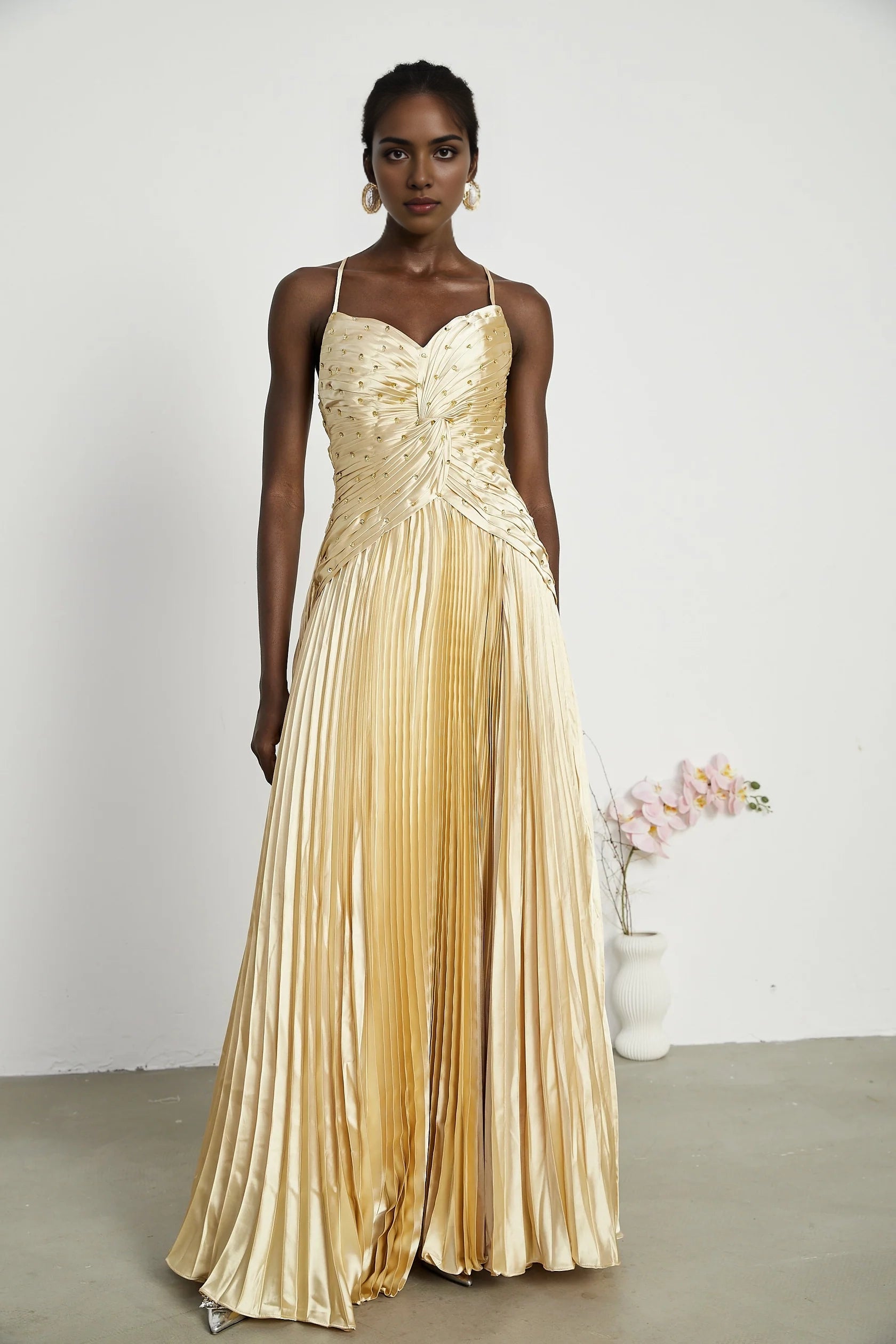 Gold Satin Pleated Maxi Dress with Embellished Bodice Eline pleated maxi dress Evening Dress