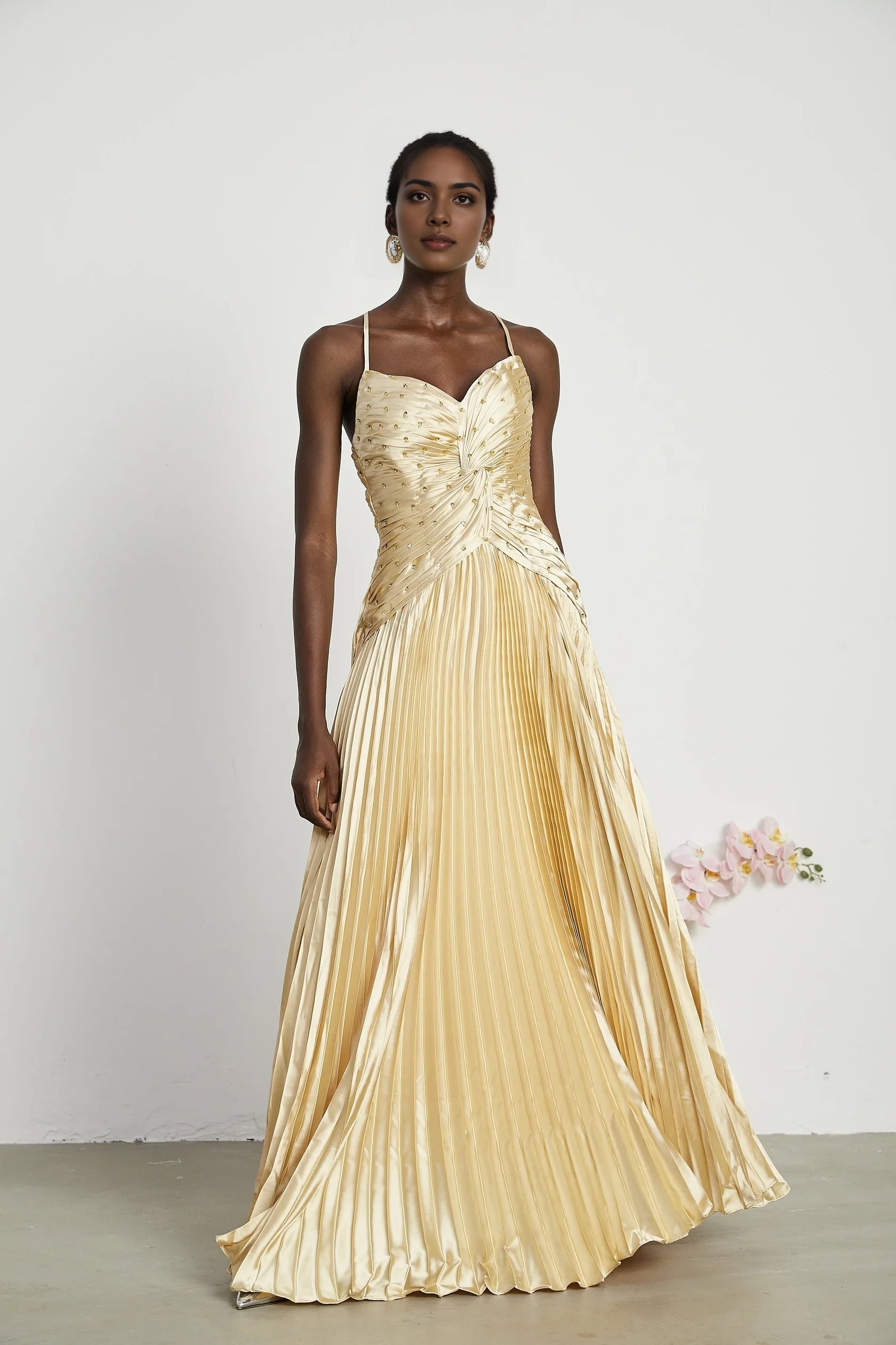 Gold Satin Pleated Maxi Dress with Embellished Bodice Eline pleated maxi dress Evening Dress