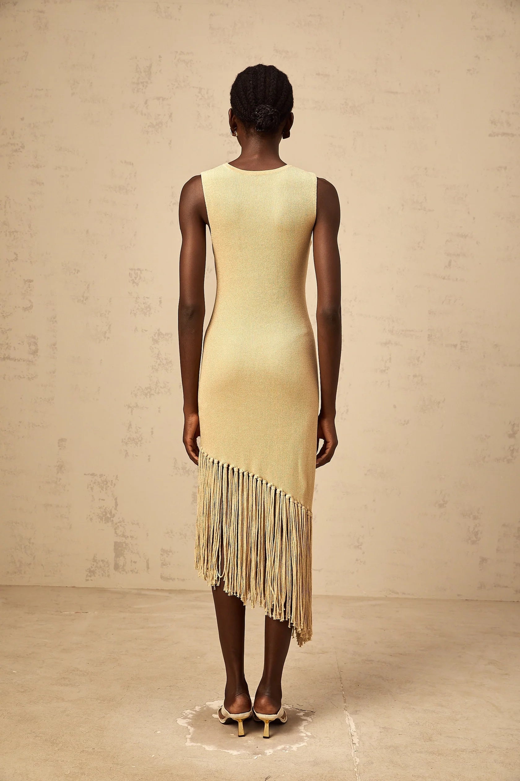 Gold Sleeveless Midi Dress with Asymmetric Fringe Hem Yseult neutrals asymmetrical-fringe knitted midi dress Evening Dress