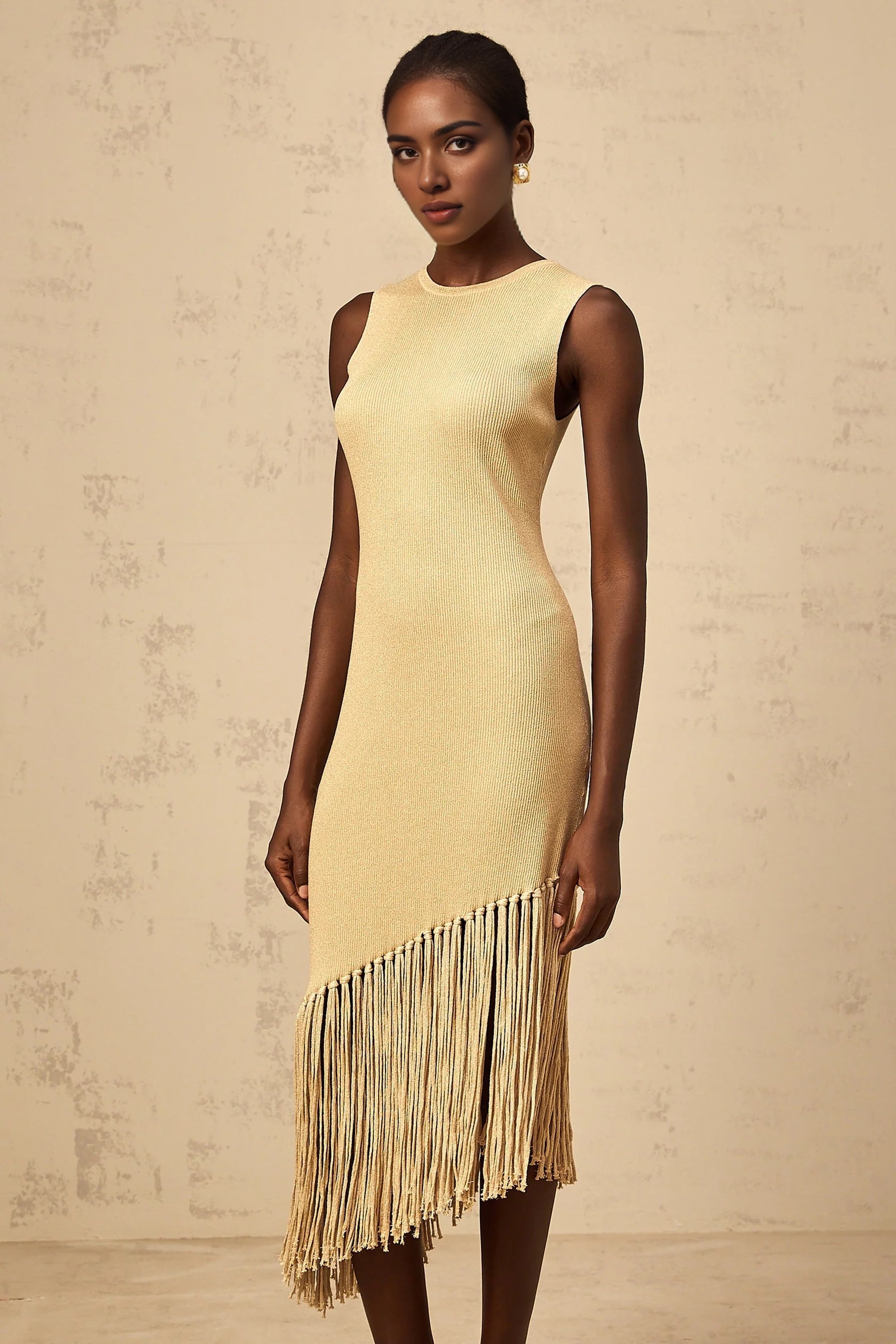 Gold Sleeveless Midi Dress with Asymmetric Fringe Hem Yseult neutrals asymmetrical-fringe knitted midi dress Evening Dress