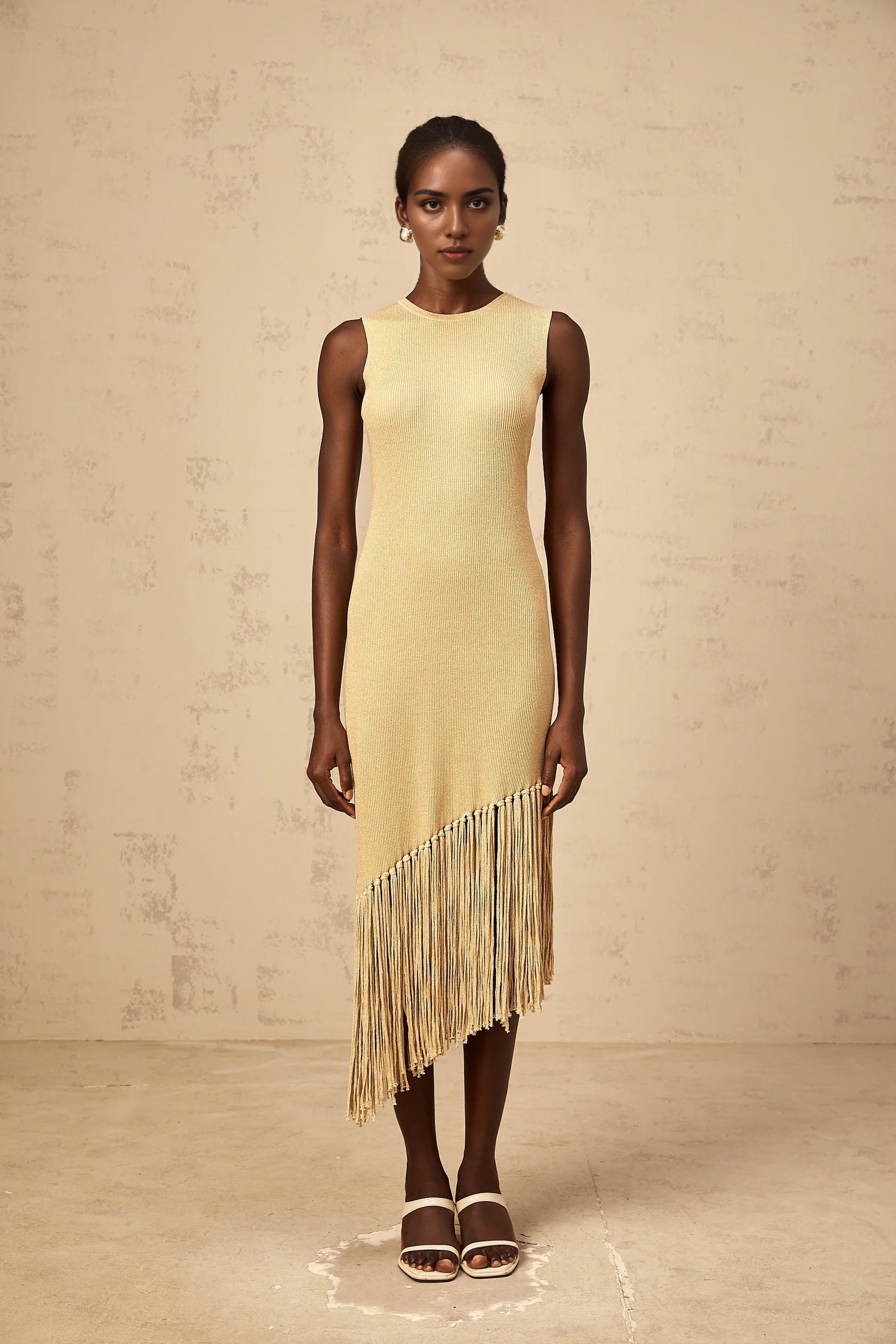 Gold Sleeveless Midi Dress with Asymmetric Fringe Hem Yseult neutrals asymmetrical-fringe knitted midi dress Evening Dress