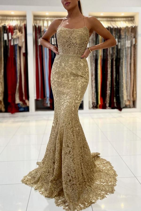 Gold Appliques Mermaid Evening Dress Halter Long Prom Gown Simple gentle atmospheric and unique design