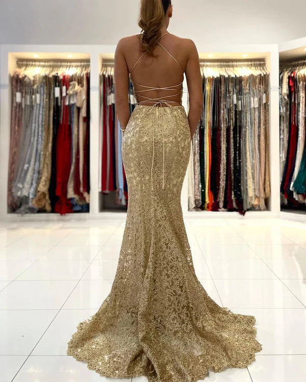 Gold Appliques Mermaid Evening Dress Halter Long Prom Gown Simple gentle atmospheric and unique design