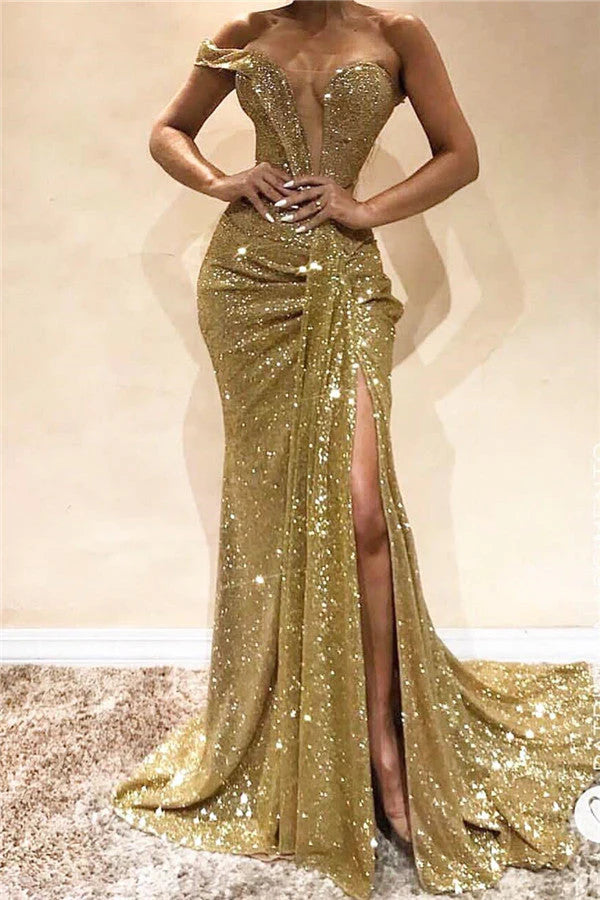 Gold Off-the-Shoulder Prom Dress Sequins Long Slit Simple gentle atmospheric and unique design