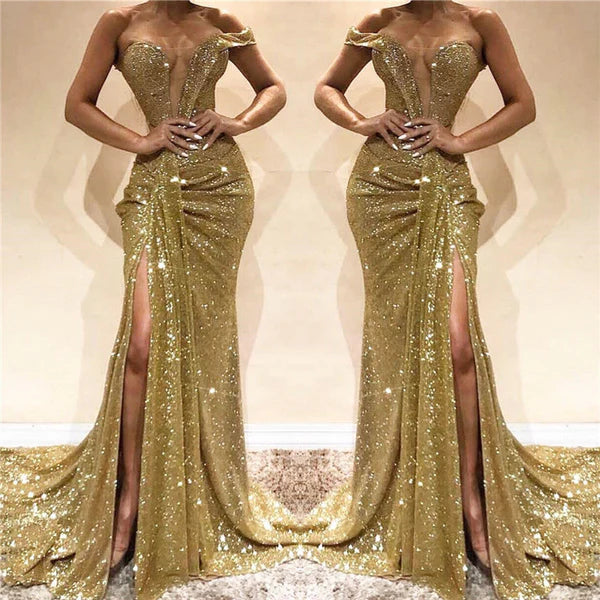 Gold Off-the-Shoulder Prom Dress Sequins Long Slit Simple gentle atmospheric and unique design