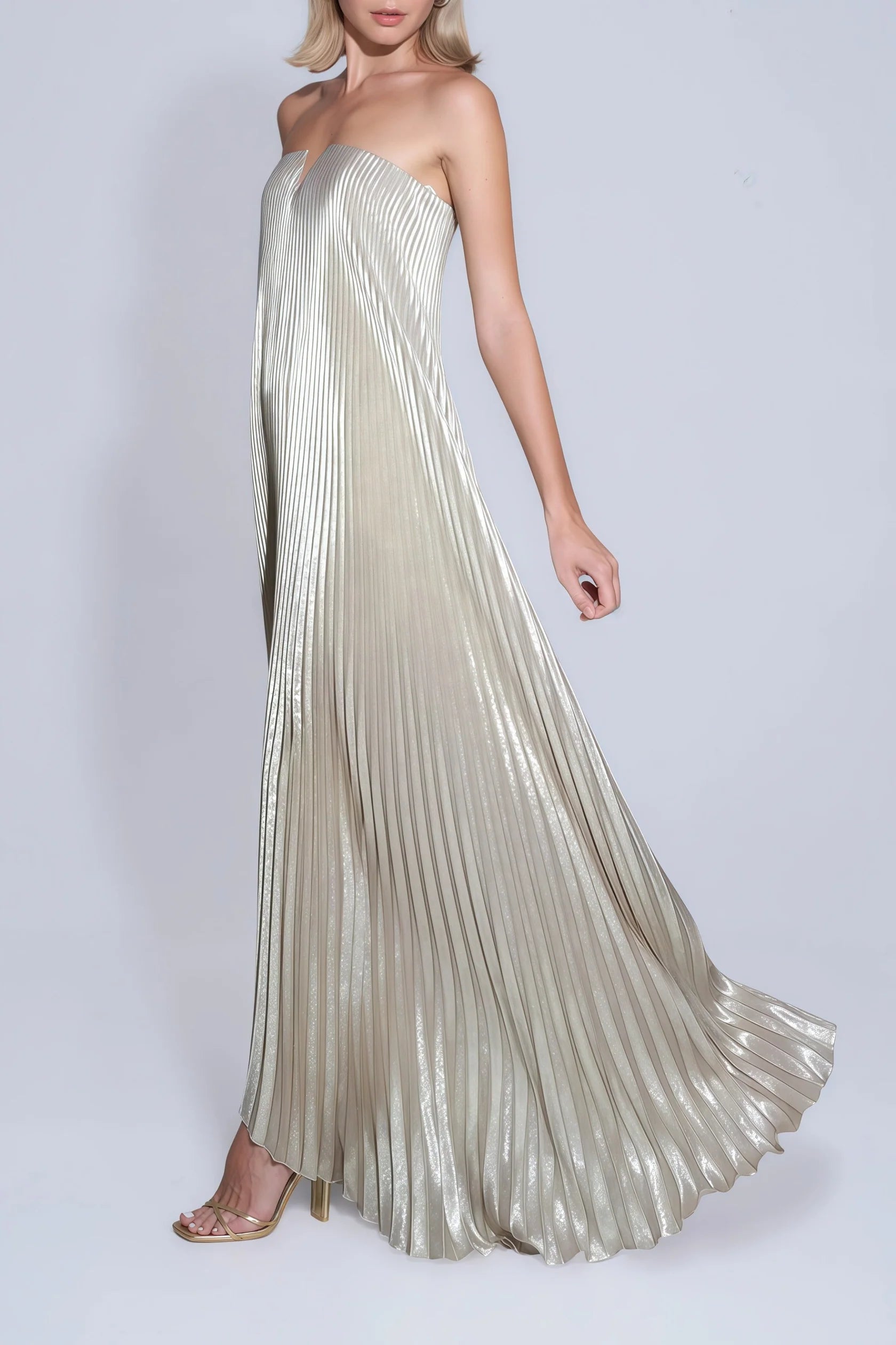 Gold Pleated Strapless Maxi Dress Gold Fully-pleated Maxi Dress Evening Dress