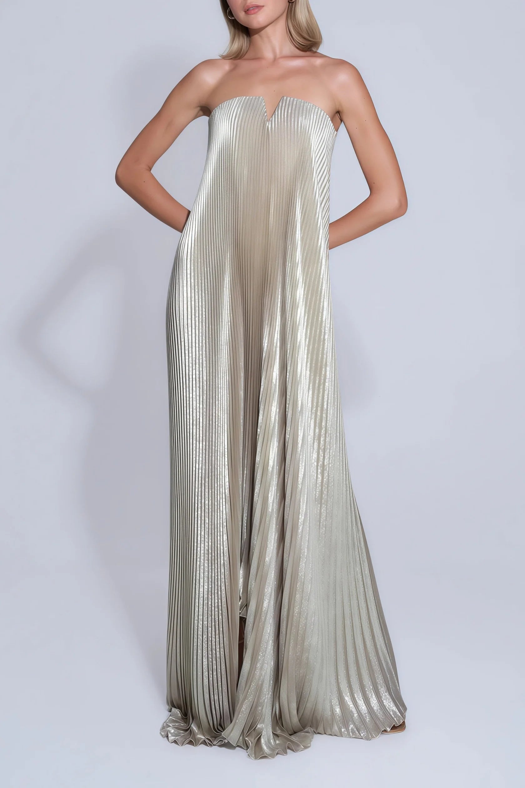 Gold Pleated Strapless Maxi Dress Gold Fully-pleated Maxi Dress Evening Dress