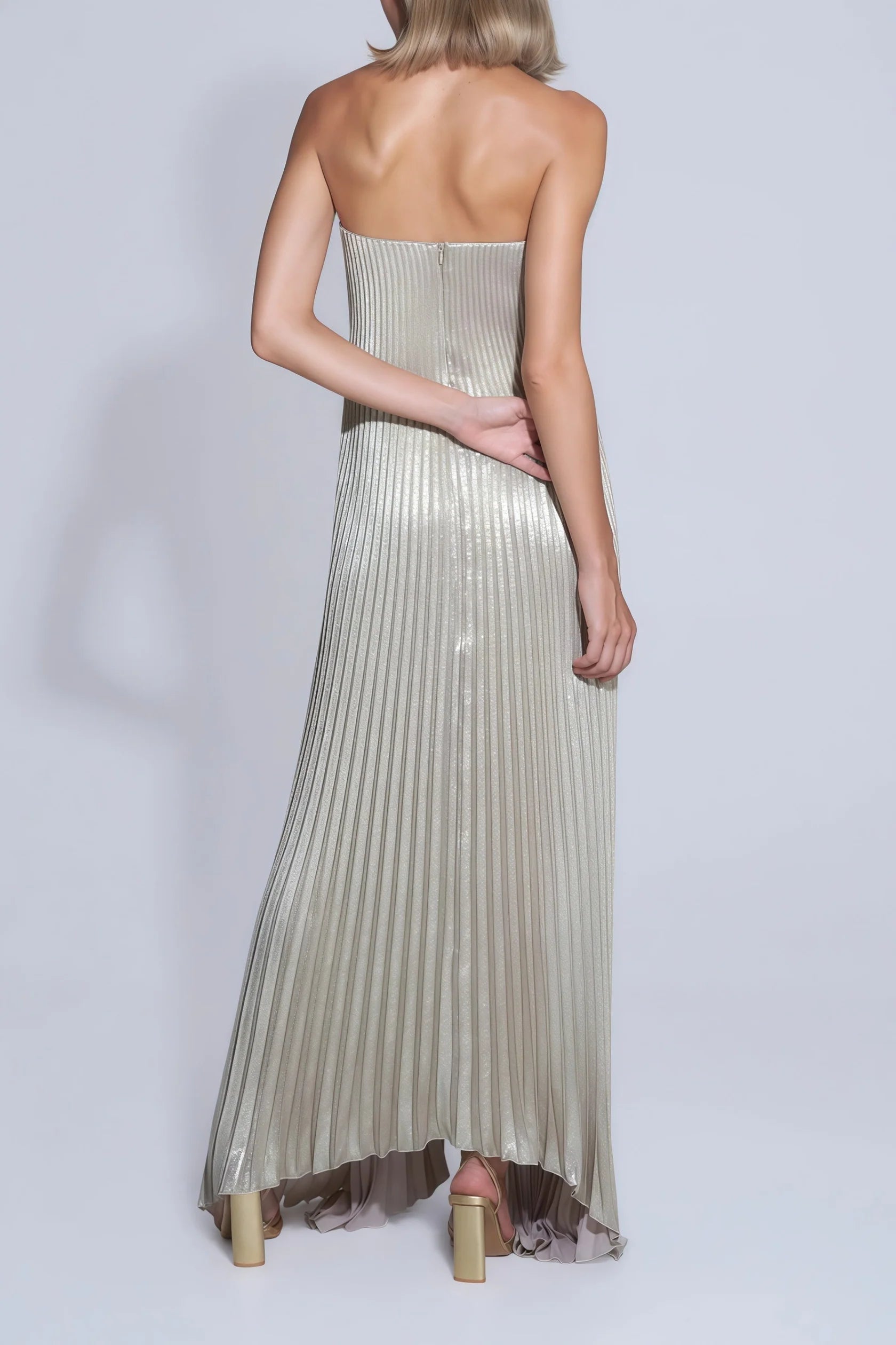 Gold Pleated Strapless Maxi Dress Gold Fully-pleated Maxi Dress Evening Dress