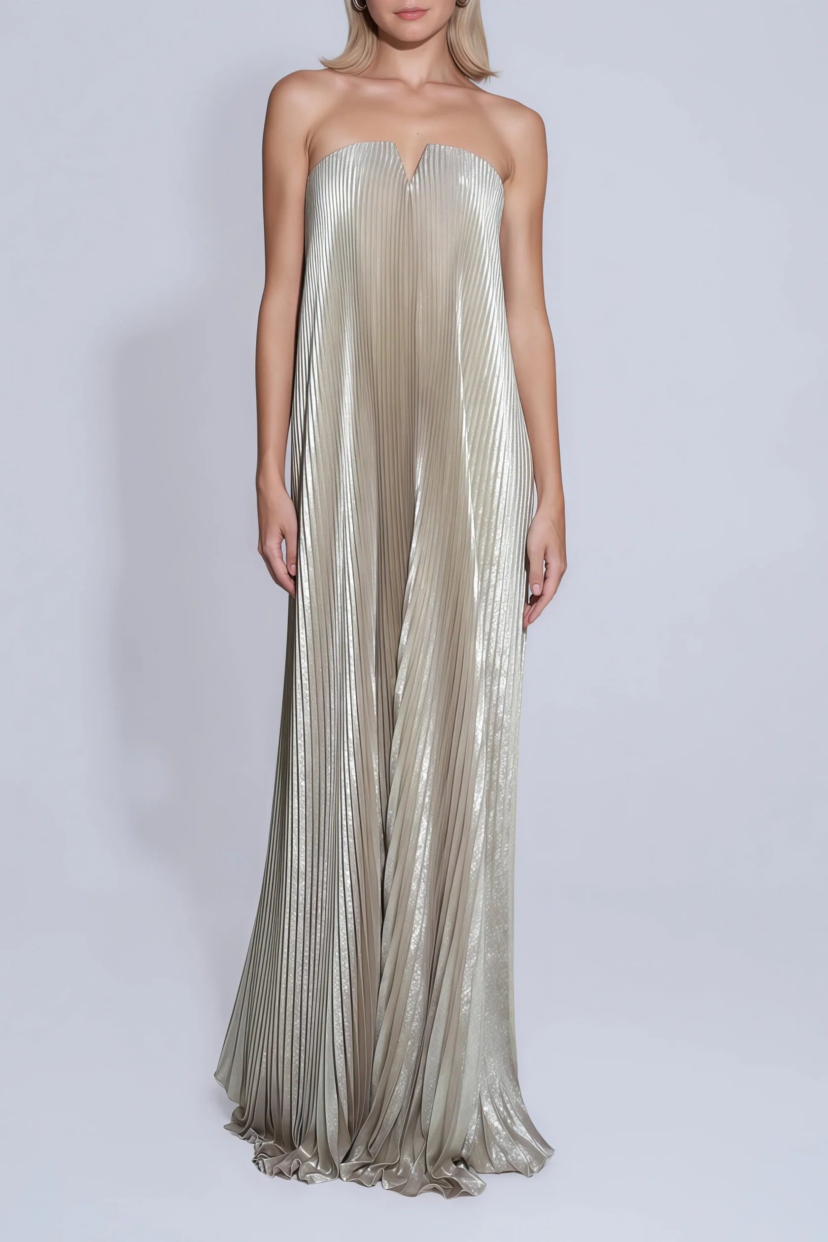 Gold Pleated Strapless Maxi Dress Gold Fully-pleated Maxi Dress Evening Dress
