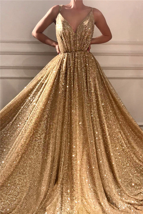 Gold Sequins V-Neck Prom Dress Sleeveless Long Simple gentle atmospheric and unique design