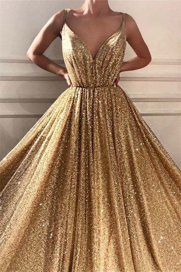 Gold Sequins V-Neck Prom Dress Sleeveless Long Simple gentle atmospheric and unique design