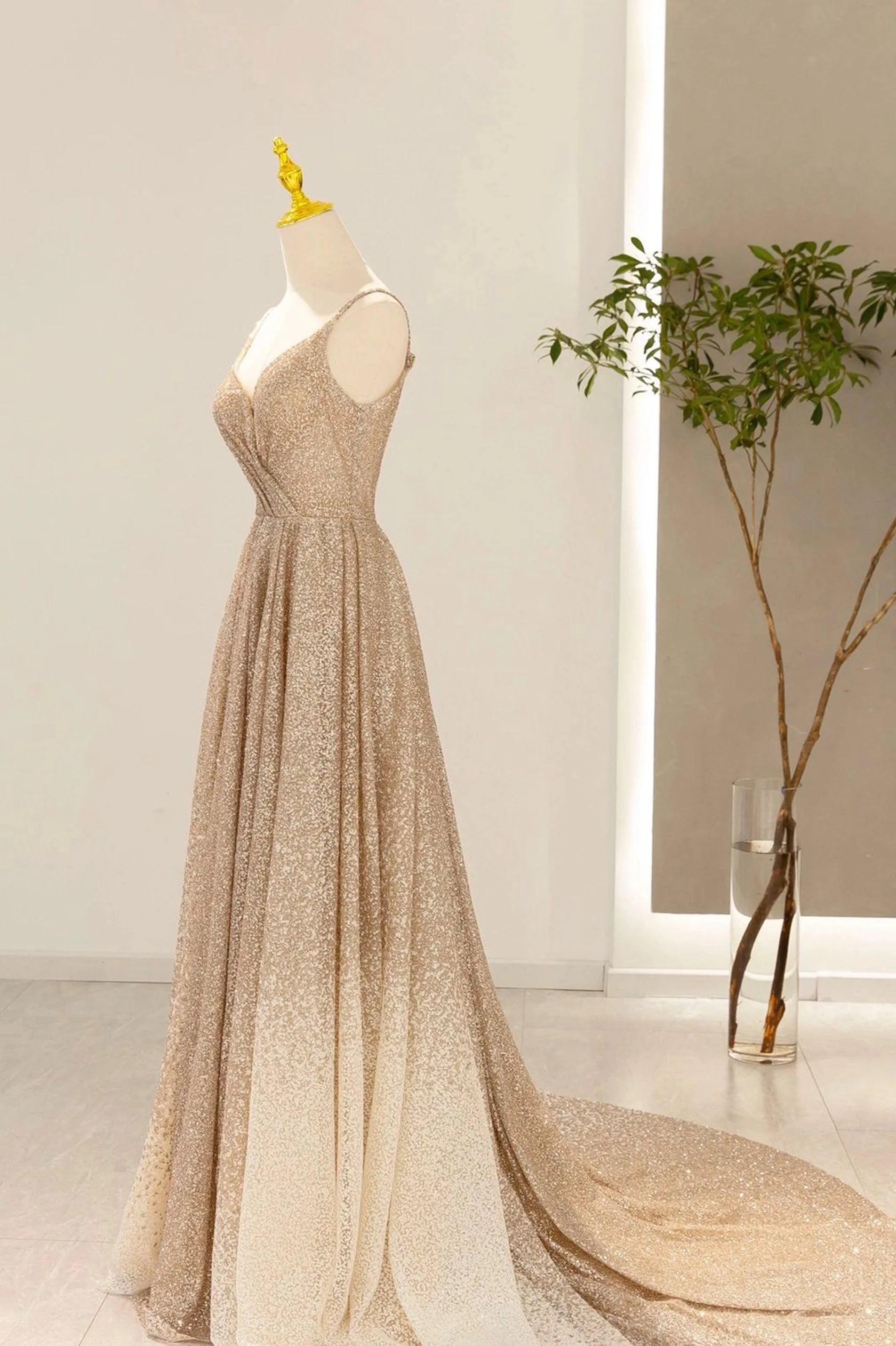 Gold V-Neck Sequins Long Prom Dress Shiny A-Line Evening Formal Dress simple gentle atmospheric and unique desi Bring summer colors to enhance white