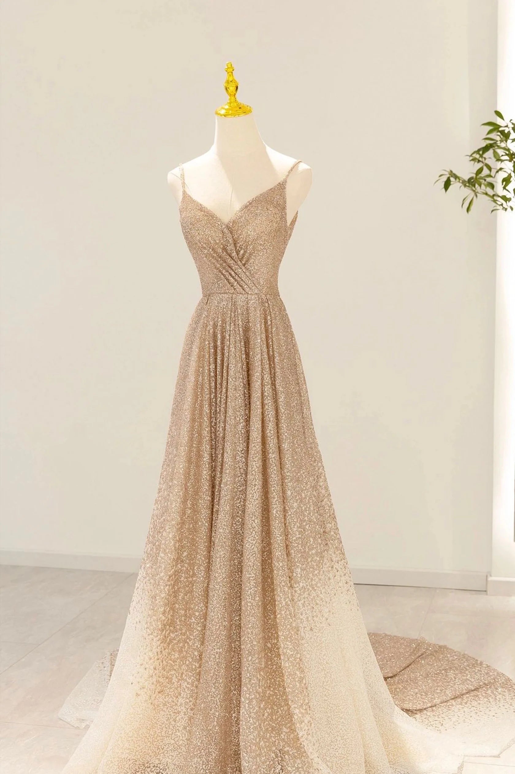 Gold V-Neck Sequins Long Prom Dress Shiny A-Line Evening Formal Dress simple gentle atmospheric and unique desi Bring summer colors to enhance white