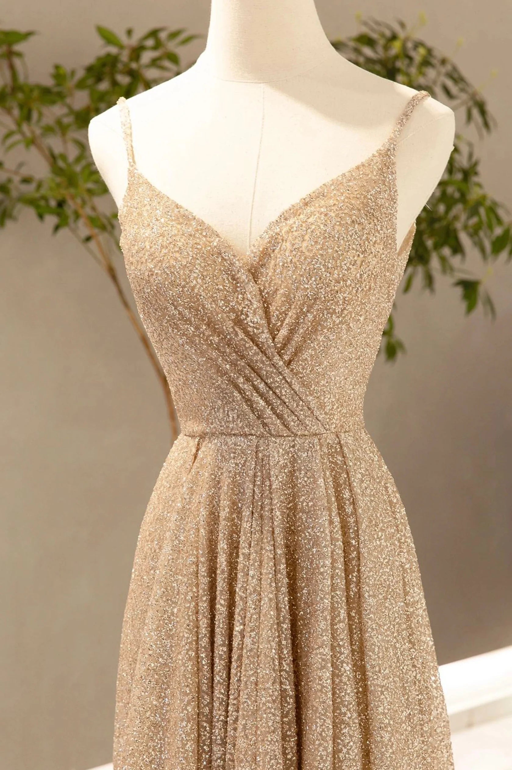 Gold V-Neck Sequins Long Prom Dress Shiny A-Line Evening Formal Dress simple gentle atmospheric and unique desi Bring summer colors to enhance white