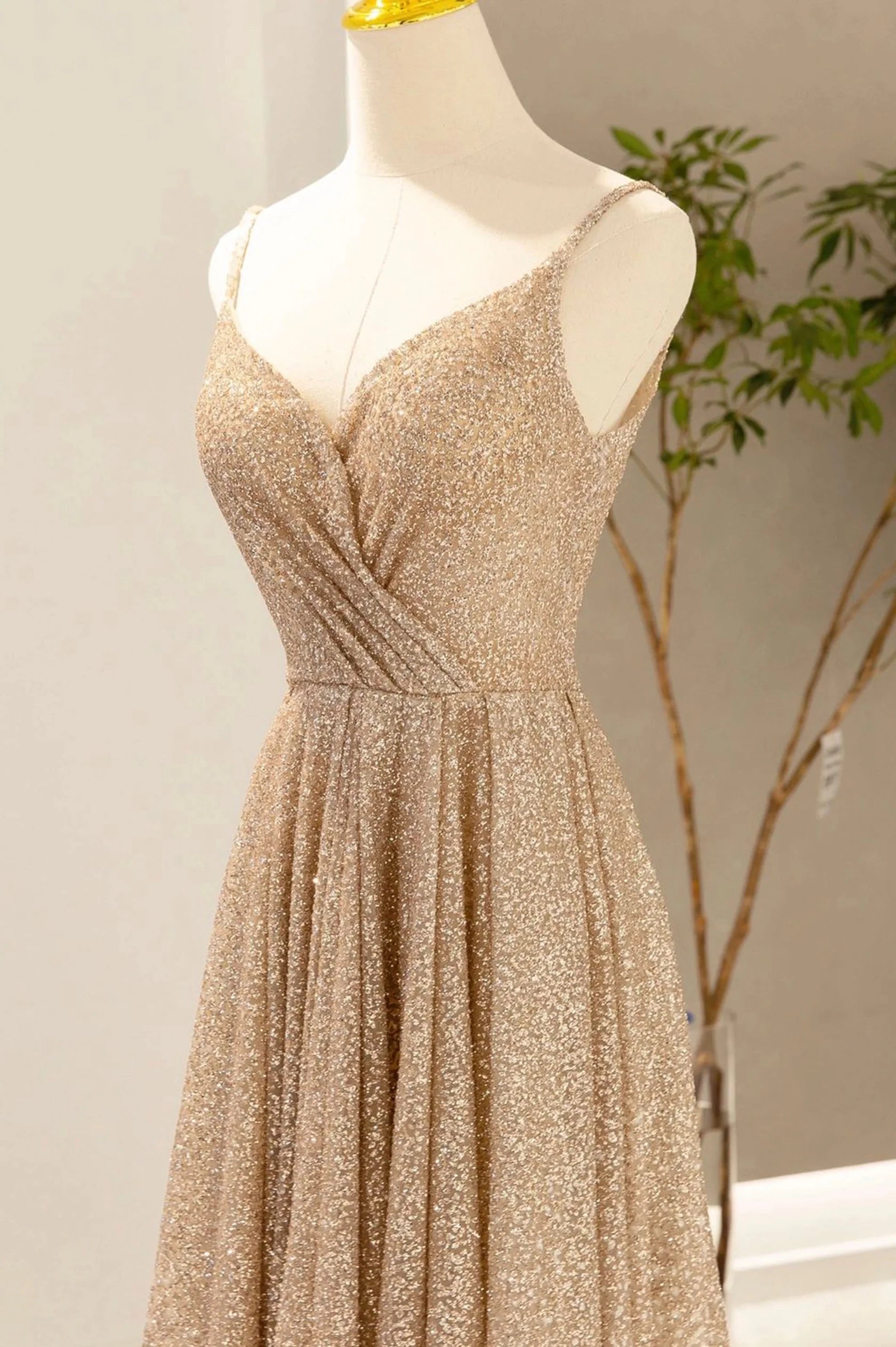 Gold V-Neck Sequins Long Prom Dress Shiny A-Line Evening Formal Dress simple gentle atmospheric and unique desi Bring summer colors to enhance white