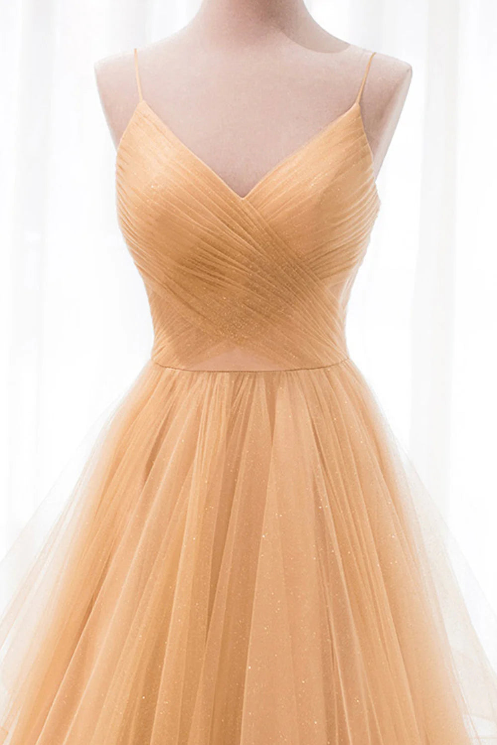 Gold V-Neck Tulle Long Prom Dress A-Line Evening Dress simple gentle atmospheric and unique desi Bring summer colors to enhance white