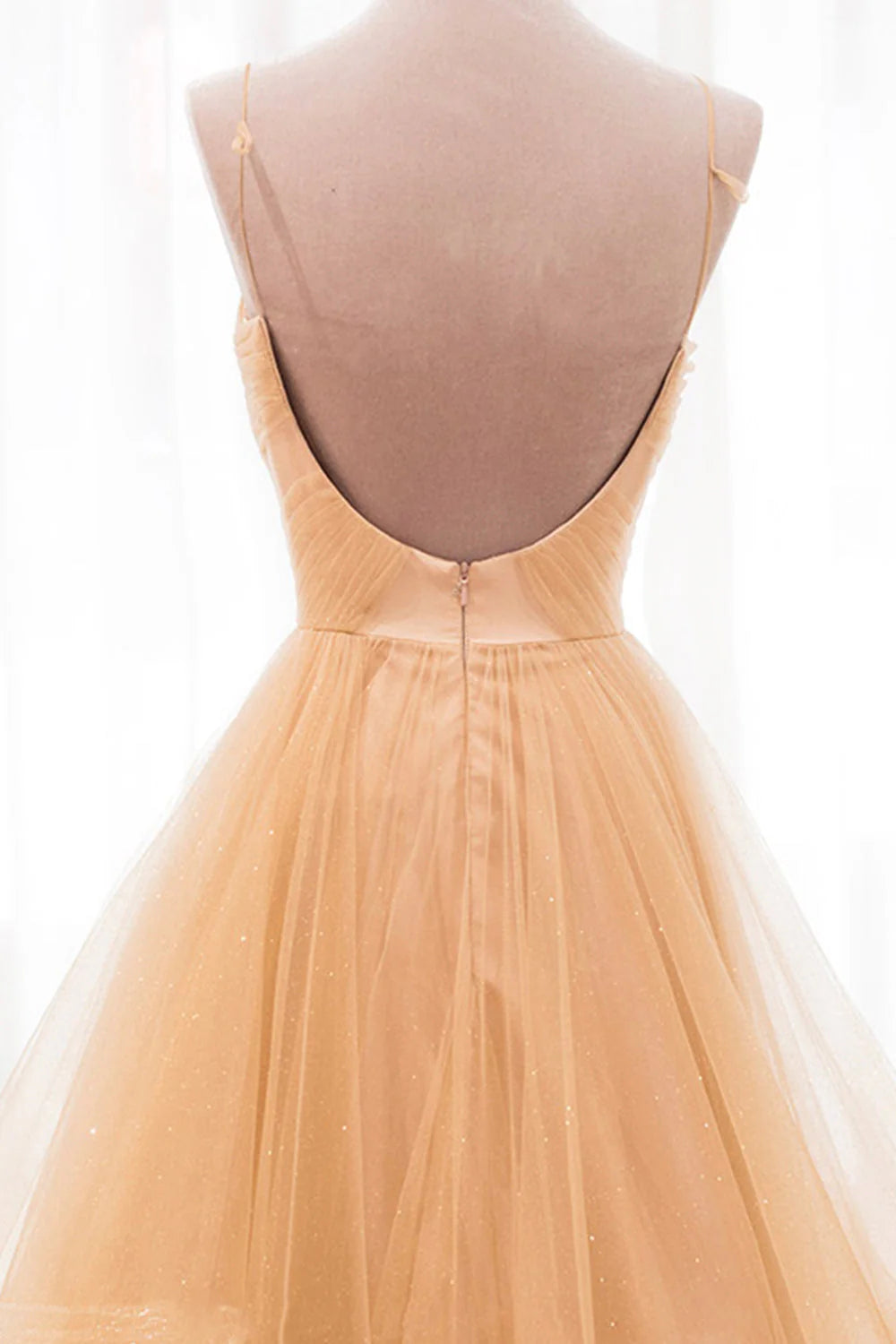 Gold V-Neck Tulle Long Prom Dress A-Line Evening Dress simple gentle atmospheric and unique desi Bring summer colors to enhance white