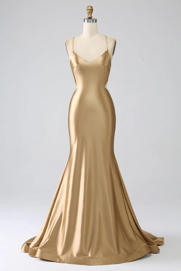Golden Mermaid Spaghetti Straps Satin Long Prom Dress with Lace-up Back simple gentle atmospheric and unique desi