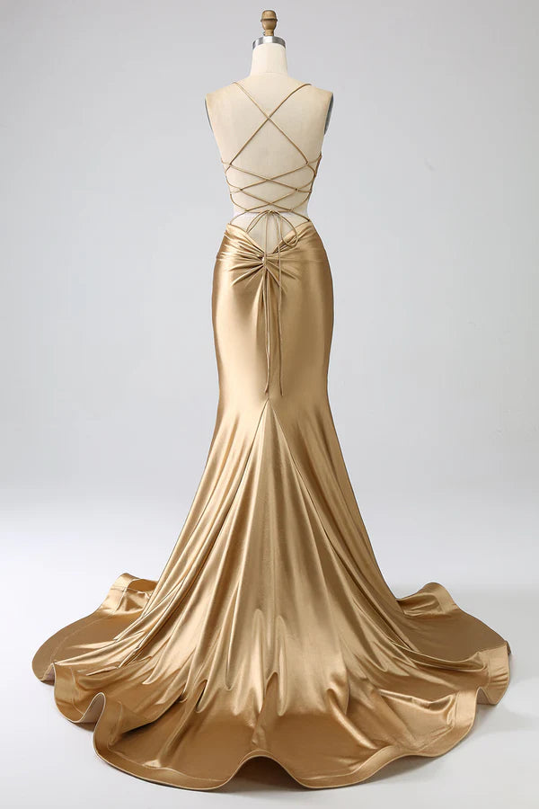Golden Mermaid Spaghetti Straps Satin Long Prom Dress with Lace-up Back simple gentle atmospheric and unique desi