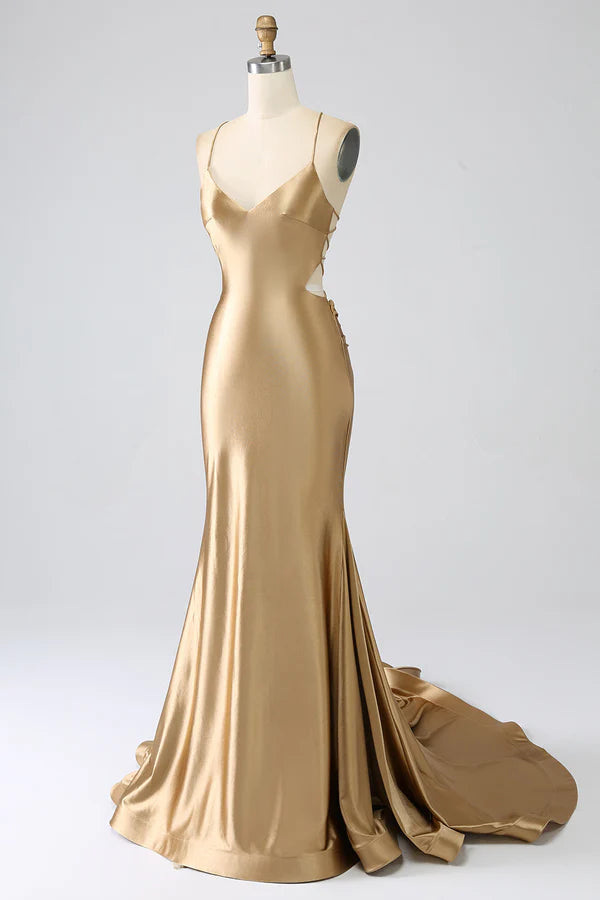 Golden Mermaid Spaghetti Straps Satin Long Prom Dress with Lace-up Back simple gentle atmospheric and unique desi