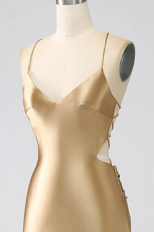 Golden Mermaid Spaghetti Straps Satin Long Prom Dress with Lace-up Back simple gentle atmospheric and unique desi