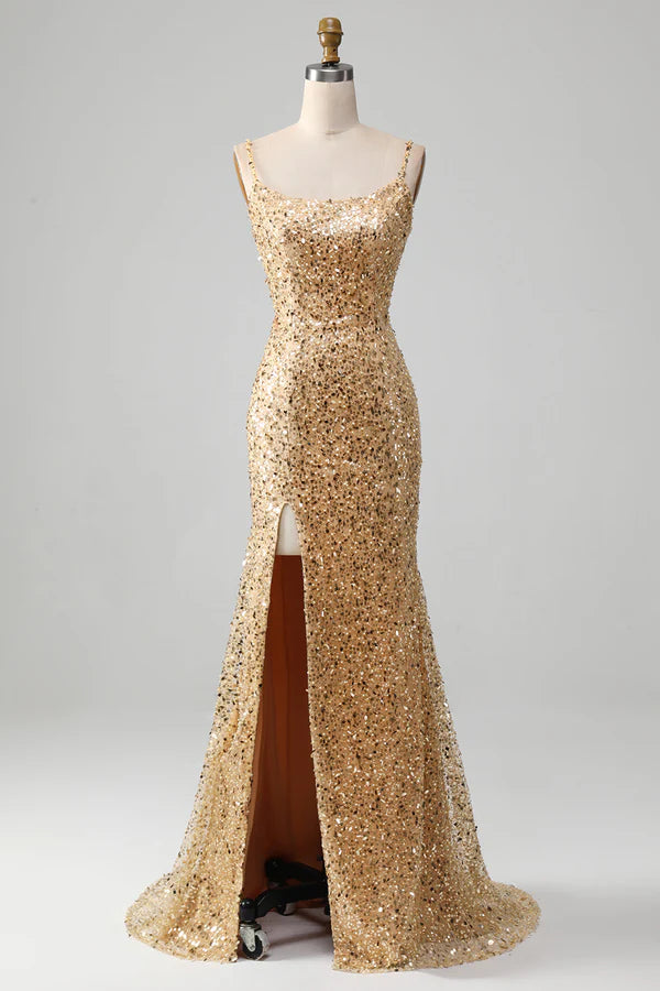 Golden Mermaid Spaghetti Straps Sequined Prom Dress With Slit Simple gentle atmospheric and unique desig
