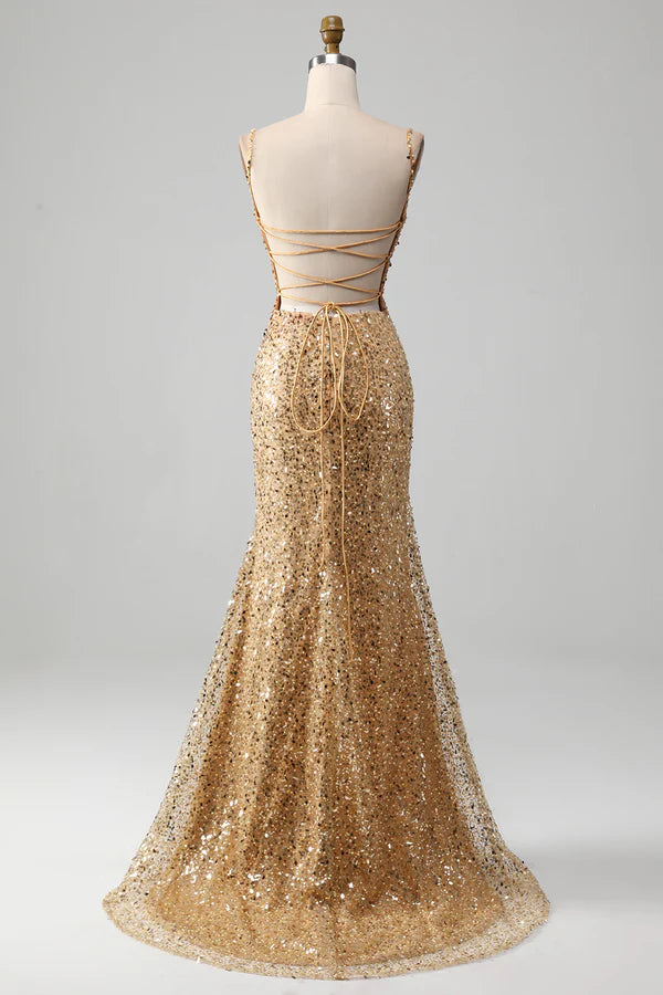 Golden Mermaid Spaghetti Straps Sequined Prom Dress With Slit Simple gentle atmospheric and unique desig