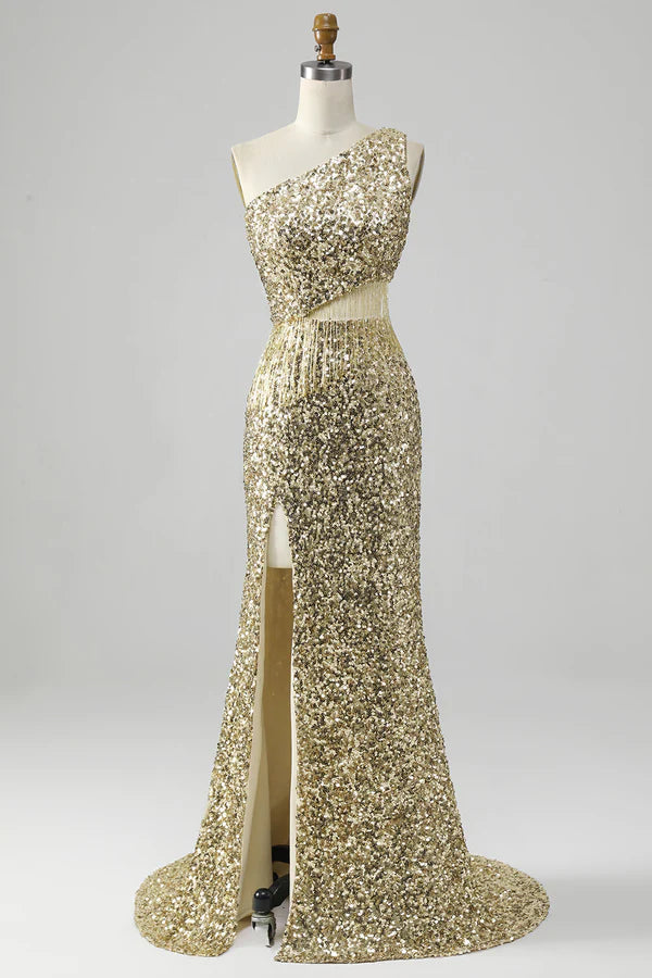 Golden One Shoulder Fringe Sequin Prom Dress With Slit Simple gentle atmospheric and unique desig