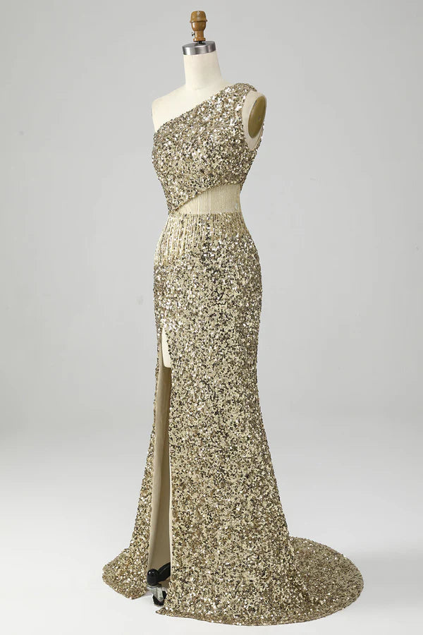 Golden One Shoulder Fringe Sequin Prom Dress With Slit Simple gentle atmospheric and unique desig