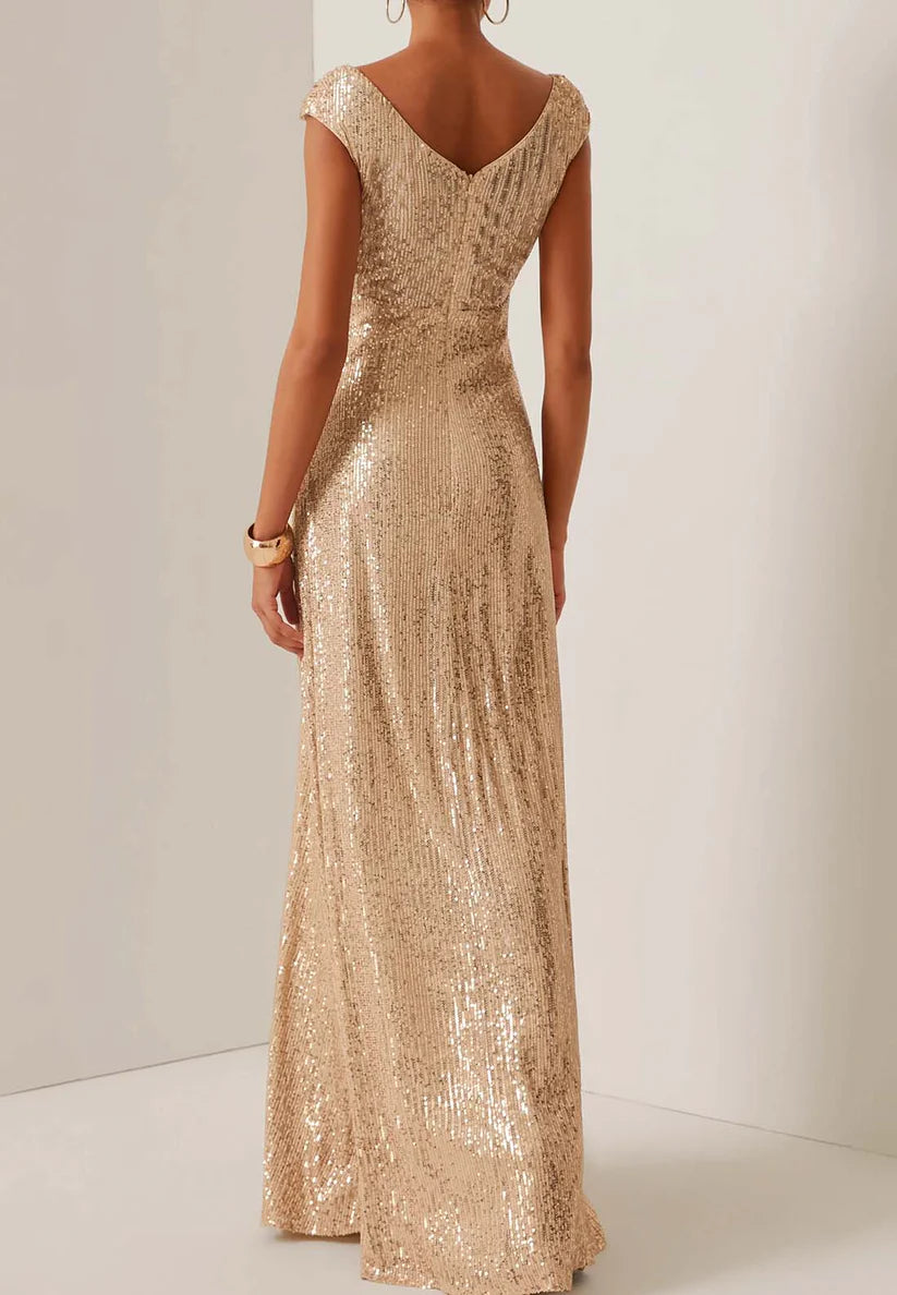 Golden Sequin Sleeveless Long A-line Gown simple gentle atmospheric and unique desi Bring summer colors to enhance whiteness