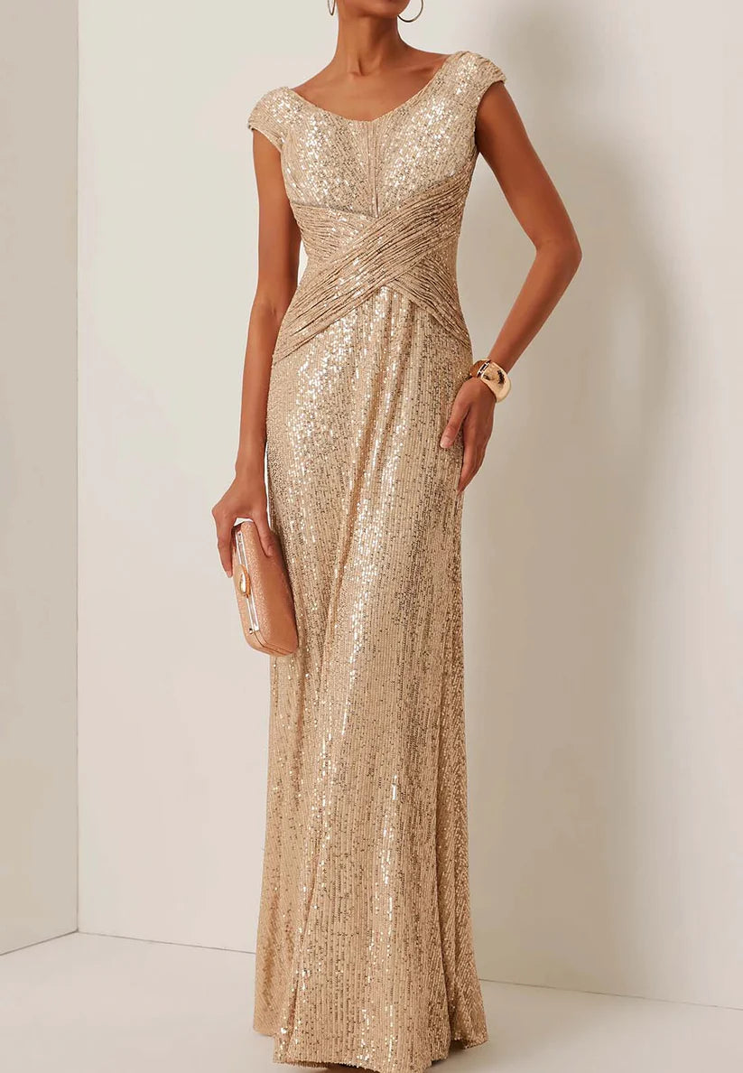 Golden Sequin Sleeveless Long A-line Gown simple gentle atmospheric and unique desi Bring summer colors to enhance whiteness
