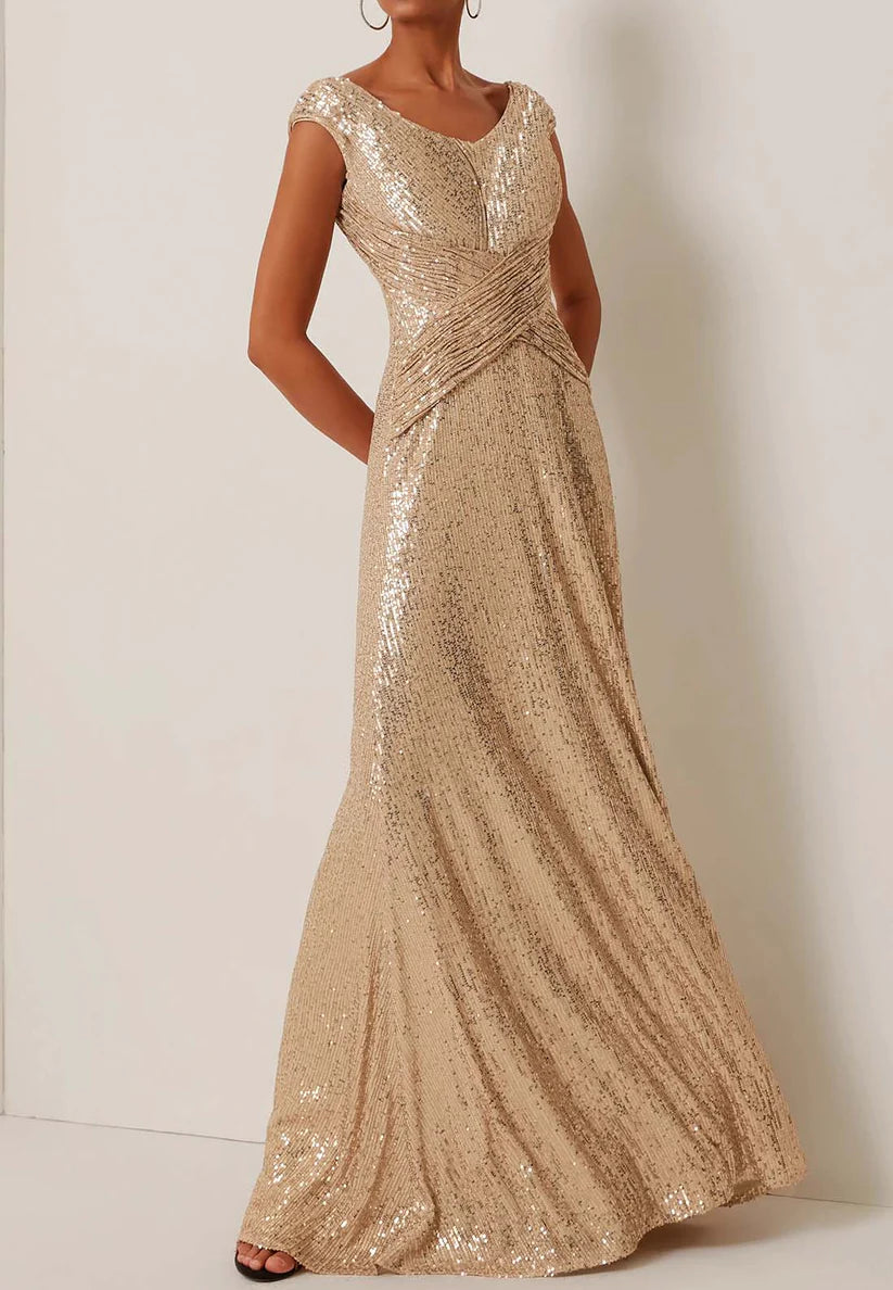 Golden Sequin Sleeveless Long A-line Gown simple gentle atmospheric and unique desi Bring summer colors to enhance whiteness