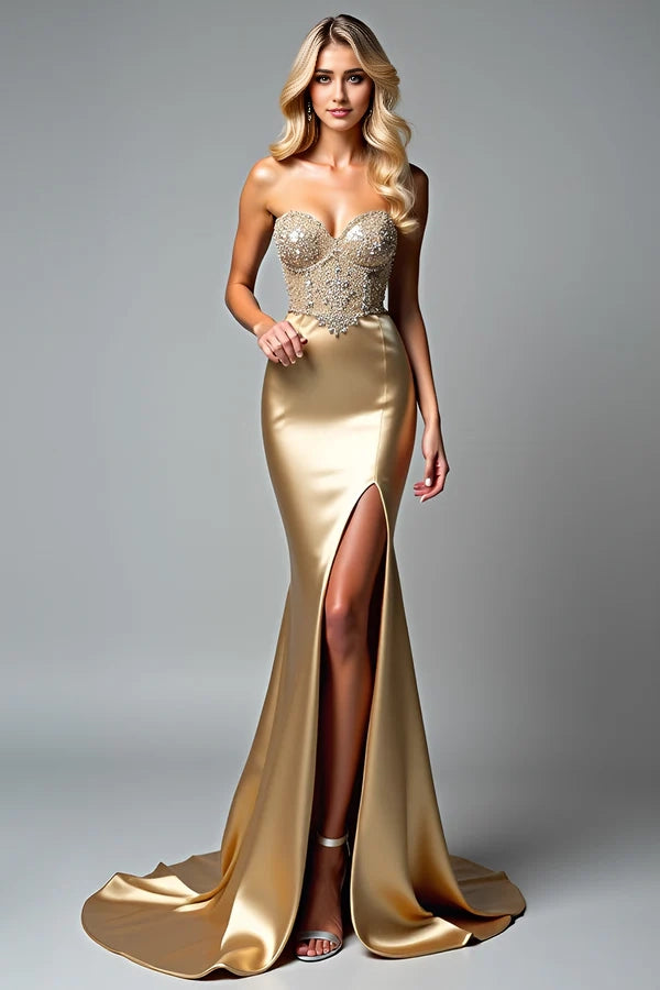 Golden Strapless Beaded Mermaid Prom Dress with Slit simple gentle atmospheric and unique desi Bring summer colors to enhance whiteness
