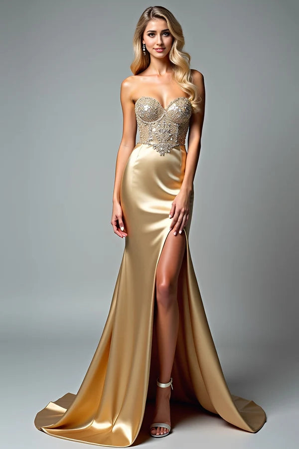 Golden Strapless Beaded Mermaid Prom Dress with Slit simple gentle atmospheric and unique desi Bring summer colors to enhance whiteness