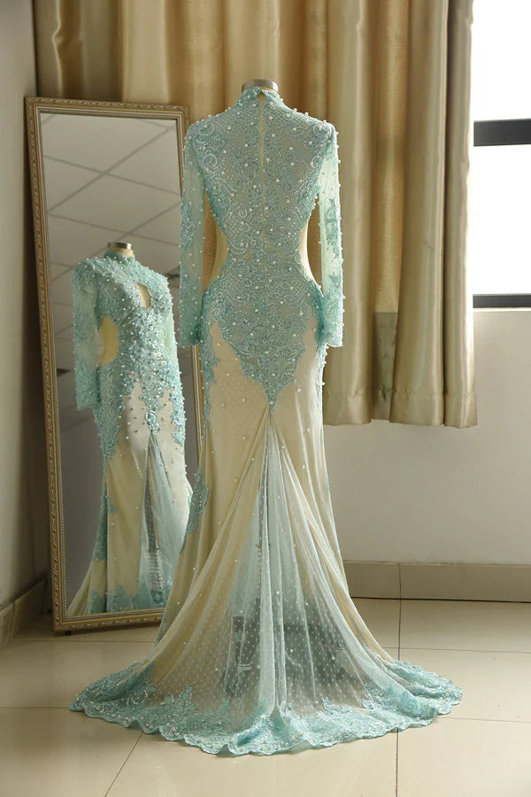 Gorgeou High-Neck Lace Appliques Prom Dresses Long Sleeves Front Slit Evening Gowns with Pearls Simple gentle atmospheric and unique design