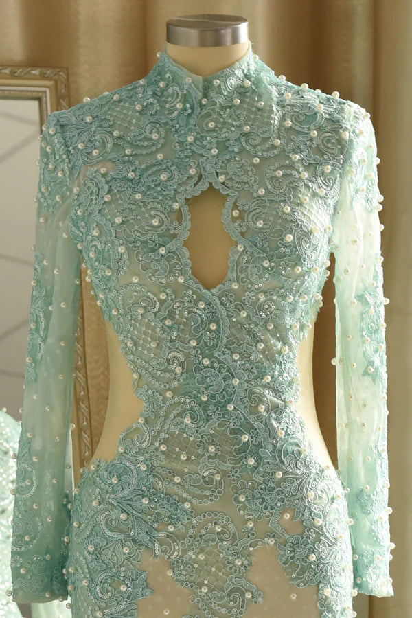 Gorgeou High-Neck Lace Appliques Prom Dresses Long Sleeves Front Slit Evening Gowns with Pearls Simple gentle atmospheric and unique design
