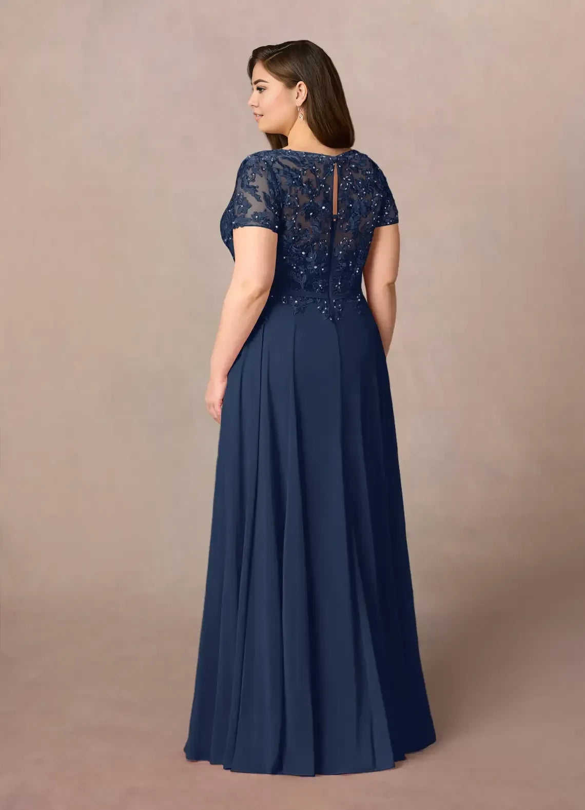 Gorgeous Plus Size A Line Boat Neck Short Sleeve Lace Back Floor Length Mother of the Bride Dress