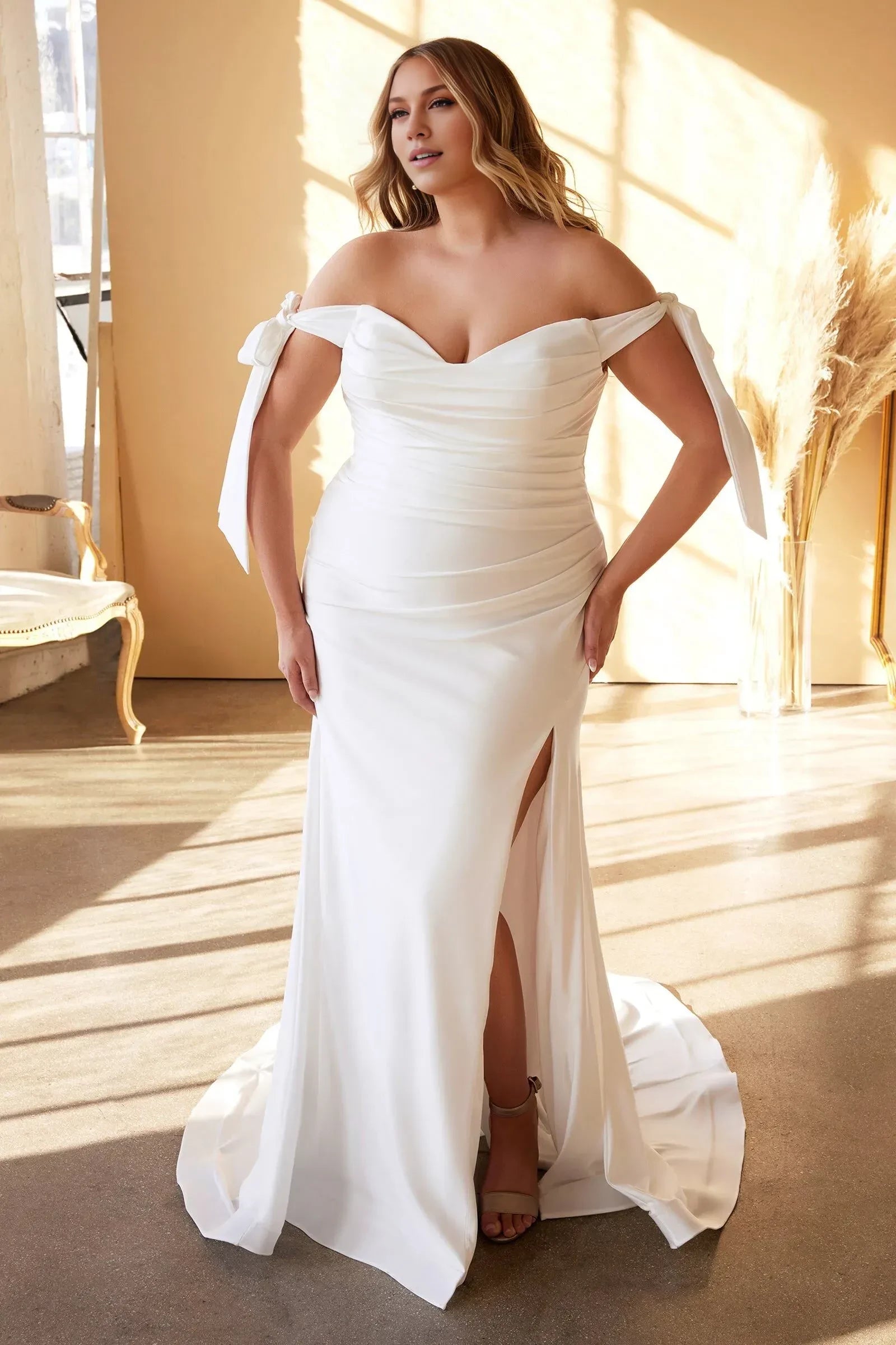 Gorgeous Plus Size Trumpet Off Shoulder Tie Sleeve Open Back Floor Length Wedding Dress