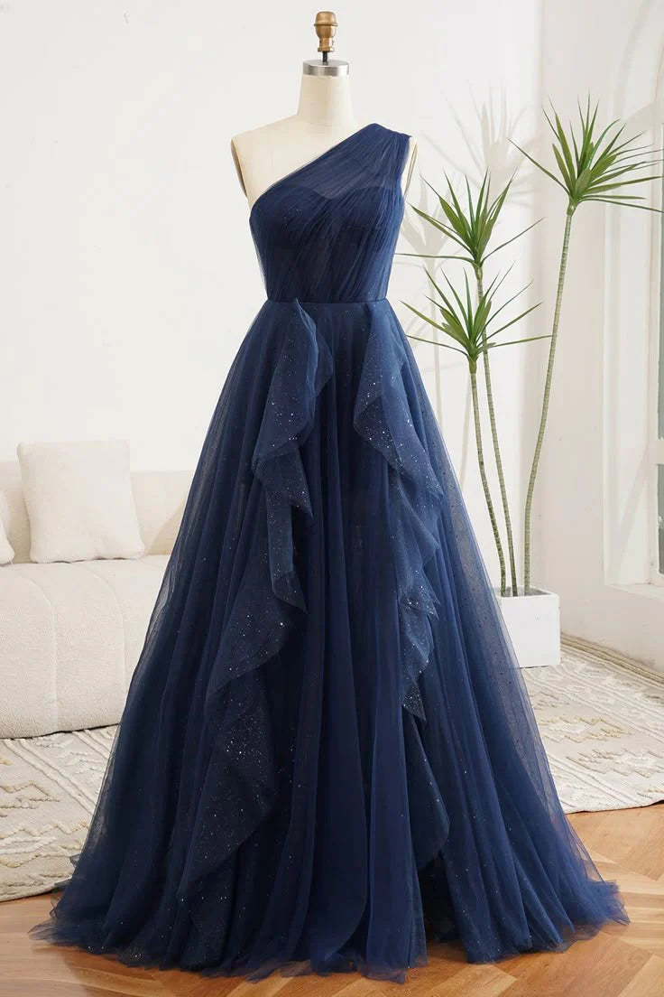 Gorgeous Ball Gown One Shoulder Navy Blue Tulle Party Prom Dresses Formal Summer Wedding Guest Dresses Wedding Guest Outfits simple gentle atmospheric and unique desi Bring summer colors to enhance whiteness