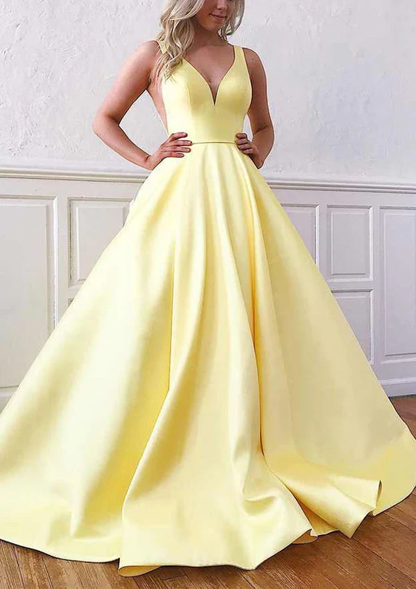 Gorgeous Ball Gown V-Neck Sleeveless Satin Sweep Train Prom Dress/Evening DressSimple gentle atmospheric and unique design