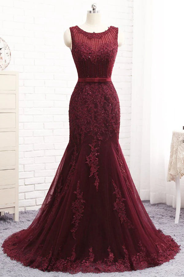 Gorgeous Burgundy Mermaid Prom Dress With Lace Appliques Simple gentle atmospheric and unique design