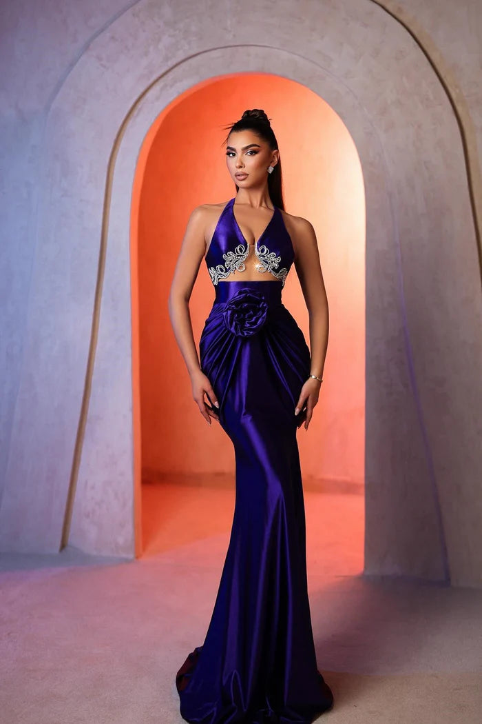 Gorgeous Column V-neck Sleeveless Appliquéd Satin Prom Dress with Stylish Design Simple gentle atmospheric and unique design