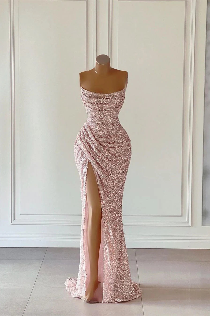 Gorgeous Light Pink Sequined Sleeveless Prom Dress With Slit simple gentle atmospheric and unique desi Bring summer colors to enhance whiteness