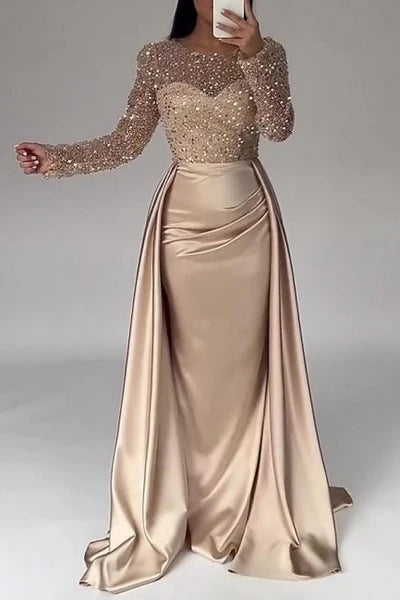 Gorgeous Long A-line Beaded Sequined Prom Gown with Elegant Long Sleeves Simple gentle atmospheric and unique design