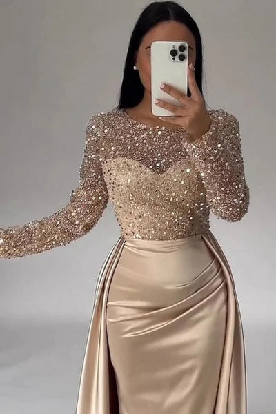 Gorgeous Long A-line Beaded Sequined Prom Gown with Elegant Long Sleeves Simple gentle atmospheric and unique design