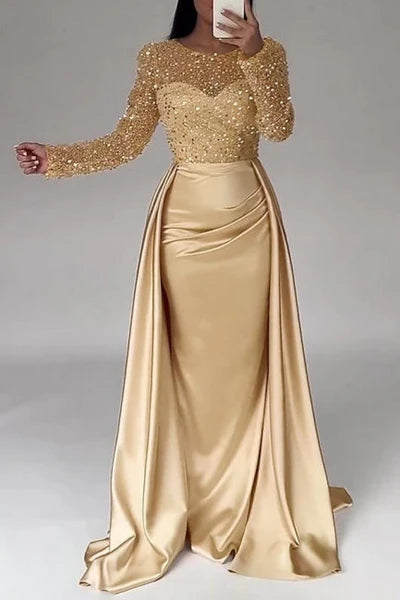 Gorgeous Long A-line Beaded Sequined Prom Gown with Elegant Long Sleeves Simple gentle atmospheric and unique design