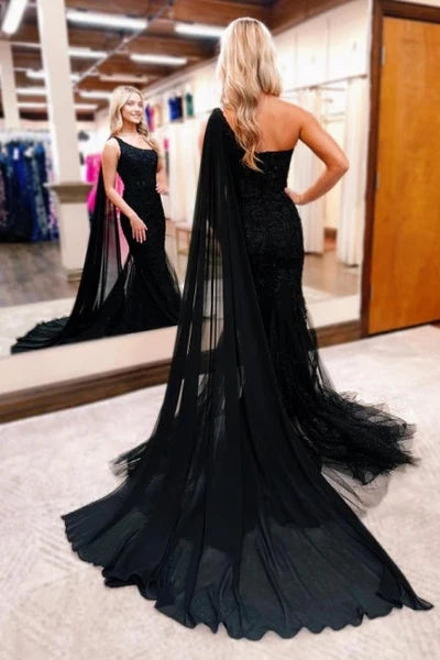 Gorgeous Long Black One Shoulder Mermaid Glitter Prom Dress with Lace Accents Simple gentle atmospheric and unique design