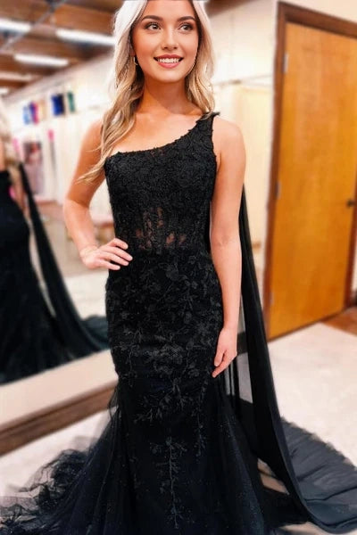 Gorgeous Long Black One Shoulder Mermaid Glitter Prom Dress with Lace Accents Simple gentle atmospheric and unique design