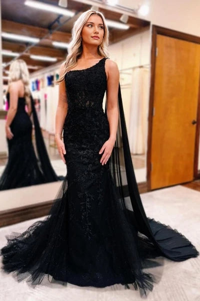 Gorgeous Long Black One Shoulder Mermaid Glitter Prom Dress with Lace Accents Simple gentle atmospheric and unique design