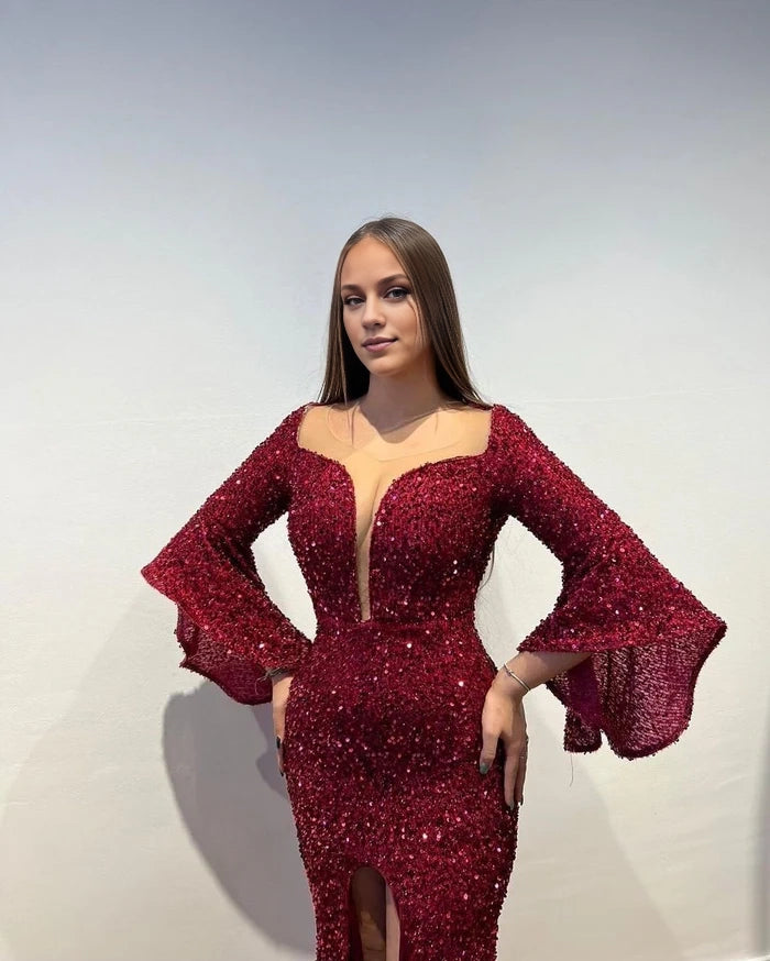 Gorgeous Long Burgundy Sequined Prom Dress with Long Sleeves and Split Front Simple gentle atmospheric and unique design